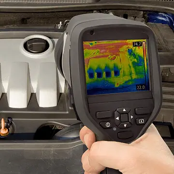 Câmera termográfica mostrando o calor do motor de um carro