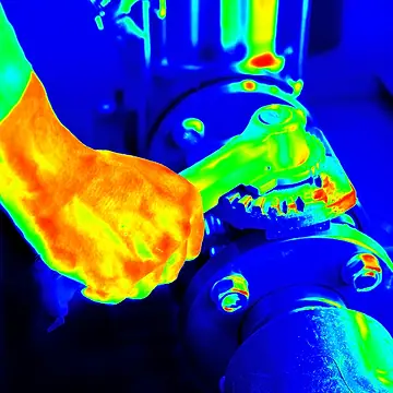 Imagem térmica de uma mão sobre um equipamento mecânico